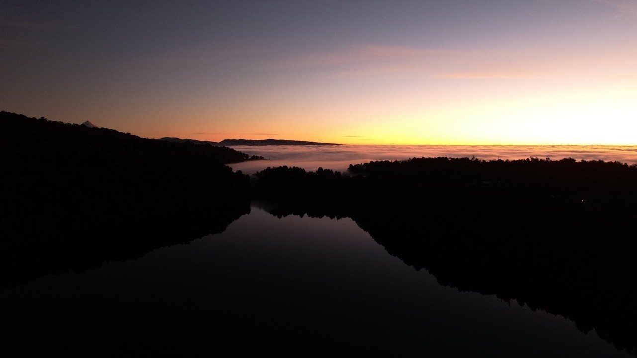 La Laguna El Palmar al atardecer, con el bosque recortado contra el cielo