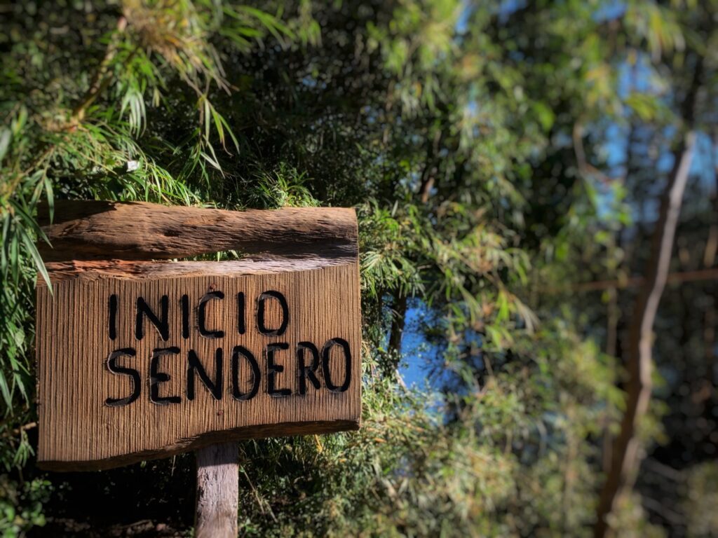 Cartel de madera «Inicio Sendero» a la entrada de un camino del bosque