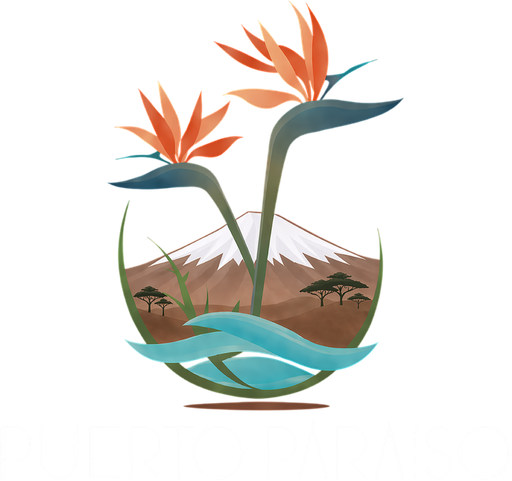 Logo de Puerto Paraíso: un ave del paraíso sobre un paisaje de montaña y agua