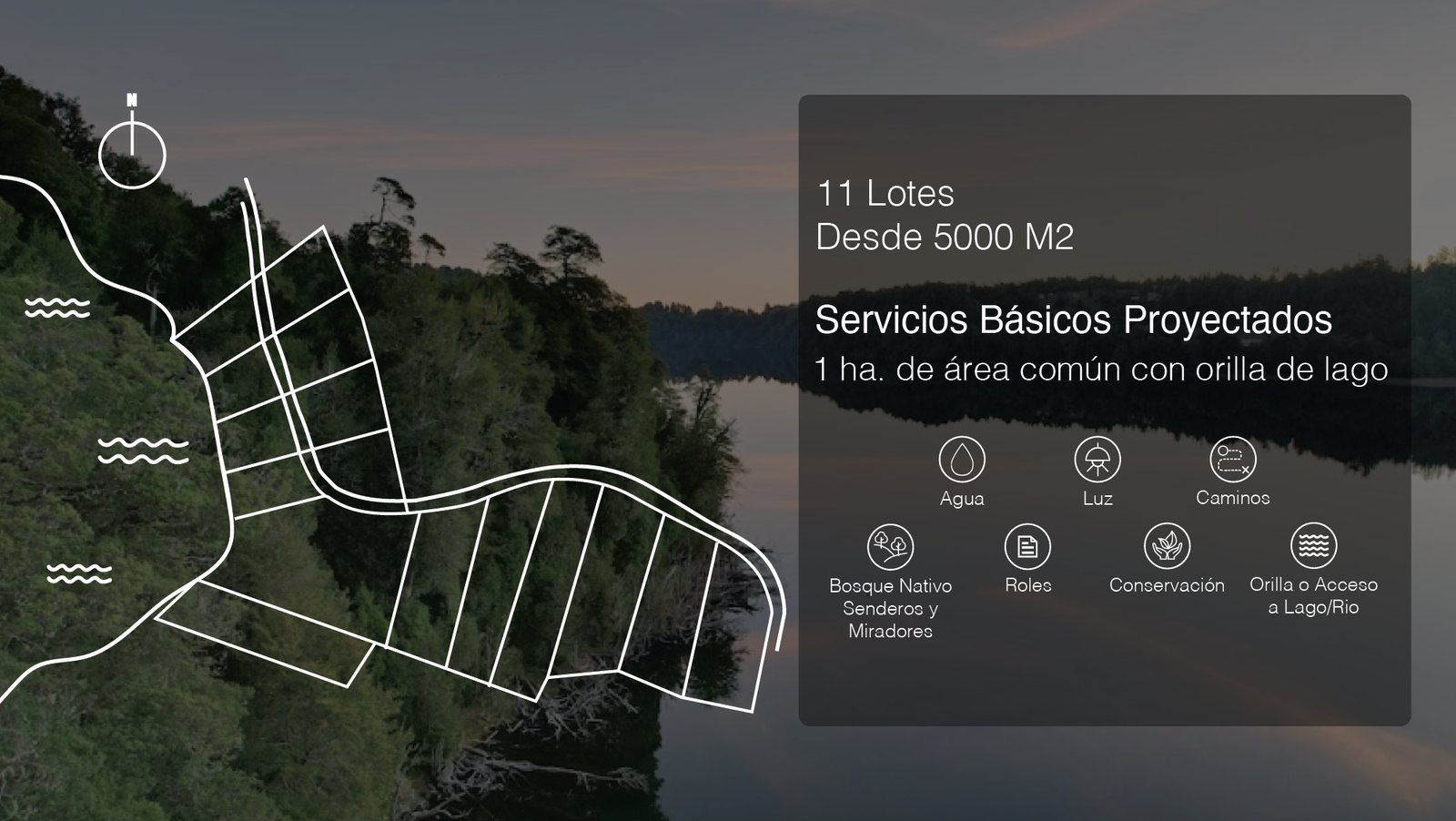 Plano de la urbanización proyectada de Puerto Paraíso con 11 lotes desde 5.000 m² y el área común de una hectárea